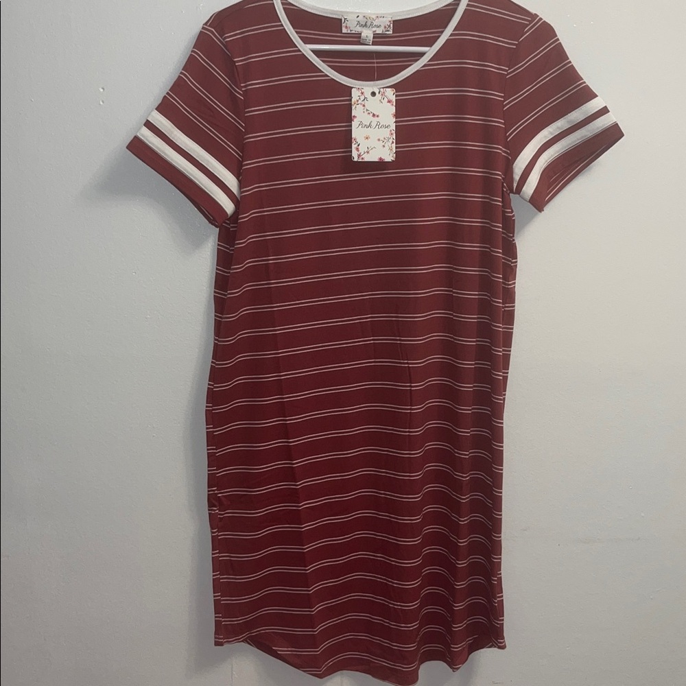 NWT Pink Rose Striped T-Shirt Dress - Mauve and White